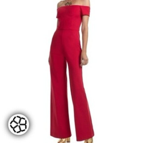 Trina Turk Aviana Jumpsuit Red Off The Shoulder Wide Leg Stretch Pants 12 NEW - Picture 1 of 9